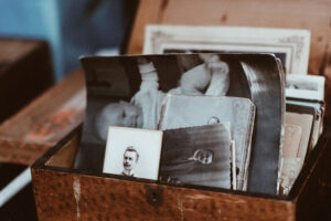 old photos in a wooden box
